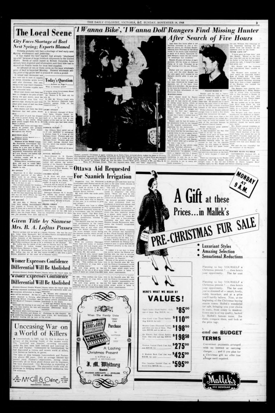Scan of Daily Colonist, page 3, 14 November 1948 — the full page, shown because the article region could not be verified