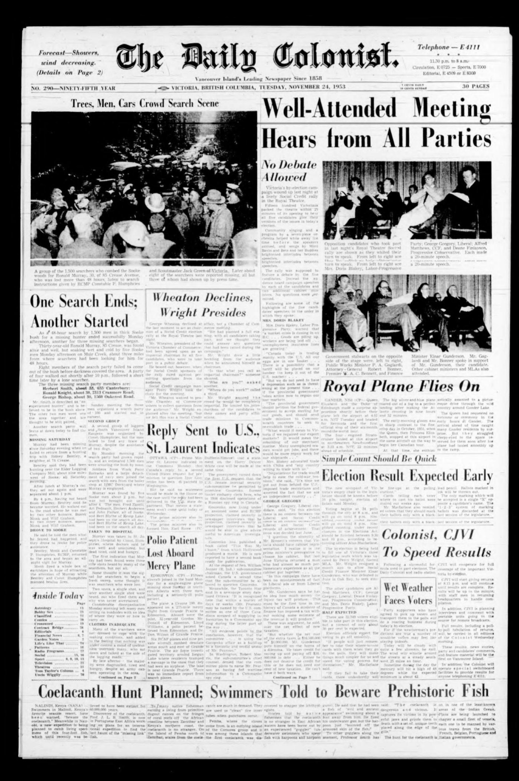 Scan of Daily Colonist, page 1, 24 November 1953 — the full page, shown because the article region could not be verified
