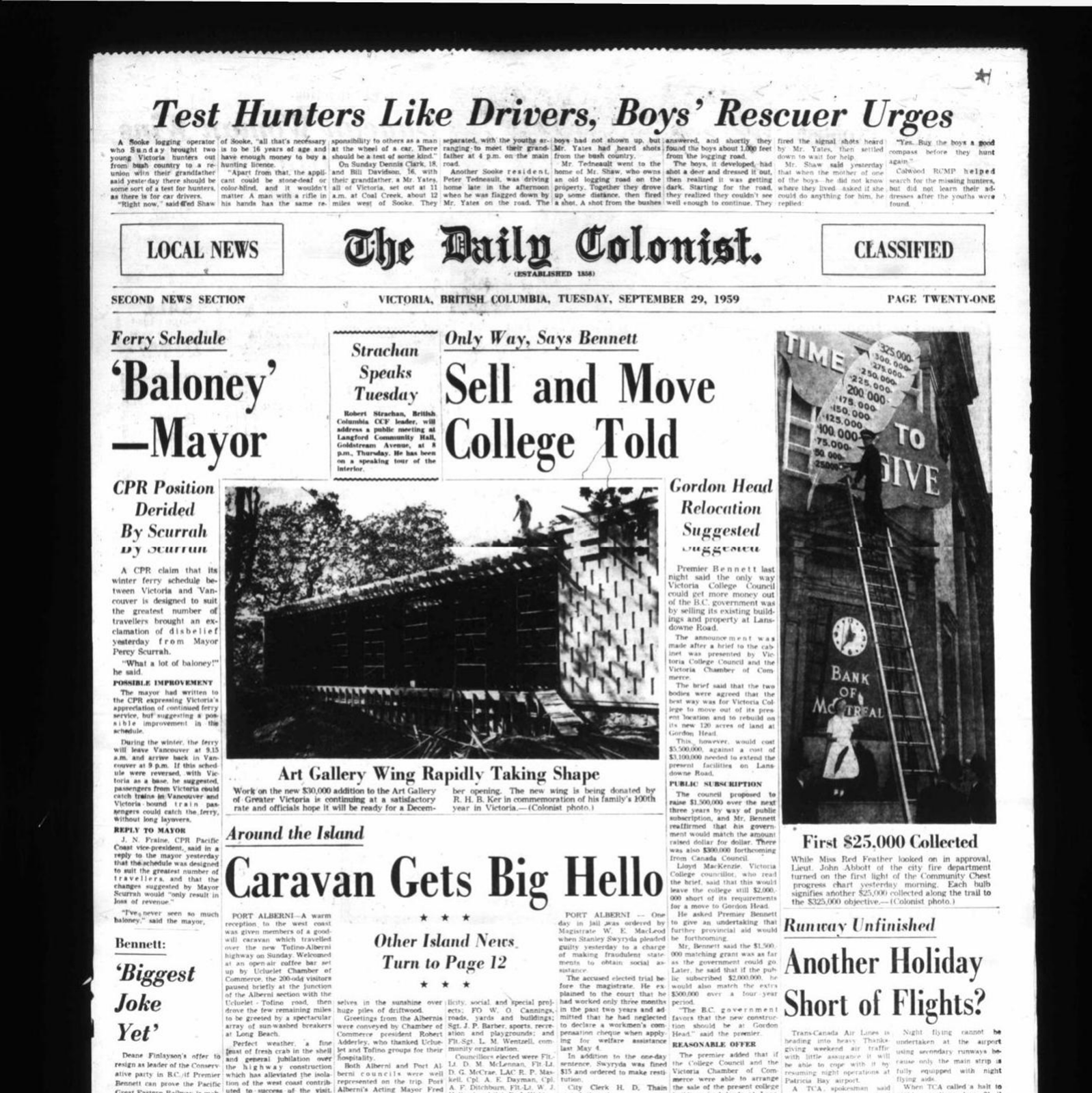 Scan of Daily Colonist, page 35, 29 September 1959 — the article “Test Hunters Like Drivers, Boys' Rescuer Urges”