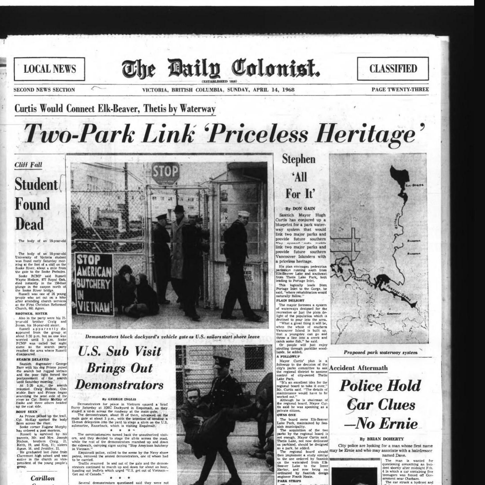 Scan of Daily Colonist, page 23, 14 April 1968 — the article “Student Found Dead”