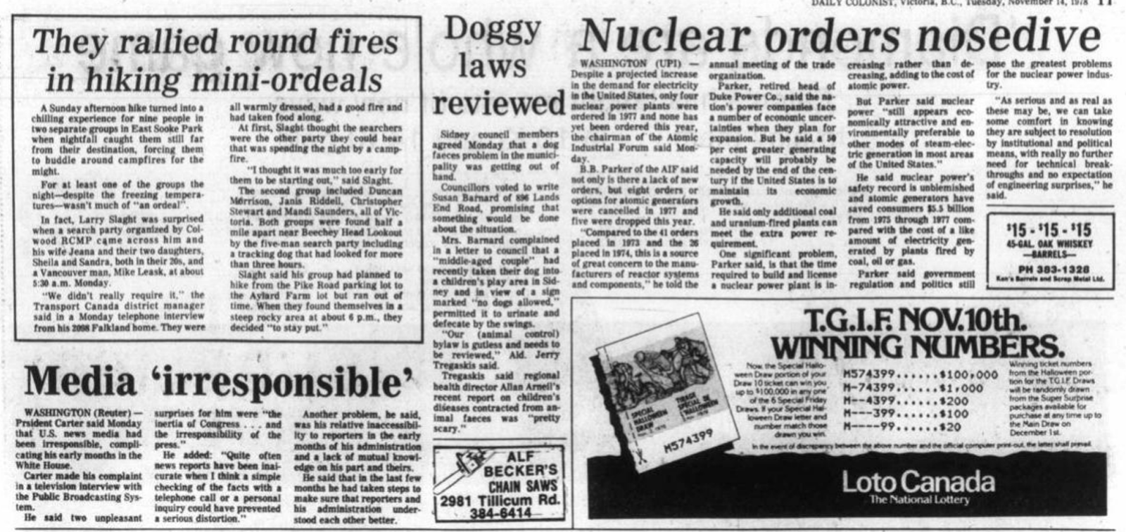 Scan of Daily Colonist, page 11, 14 November 1978 — the article “They rallied round fires in hiking mini-ordeals”