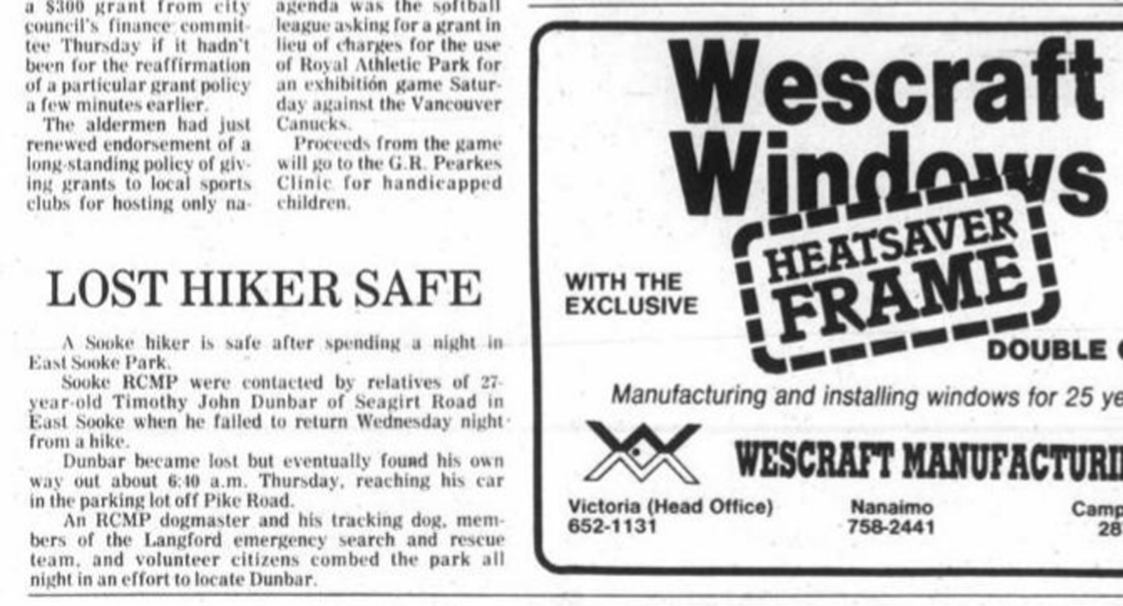 Scan of Daily Colonist, page 22, 11 July 1980 — the article “LOST HIKER SAFE”