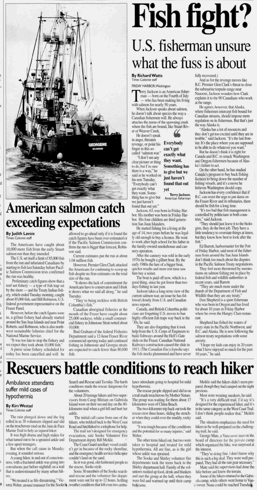 Scan of Times Colonist, page 3, 9 July 1997 — the article “Rescuers battle conditions to reach hiker”