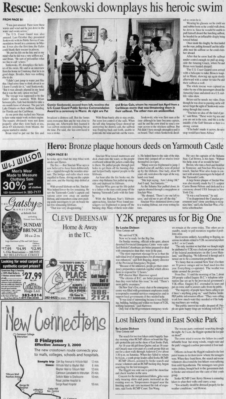 Scan of Times Colonist, page 10, 3 January 2000 — the article “Lost hikers found in East Sooke Park”