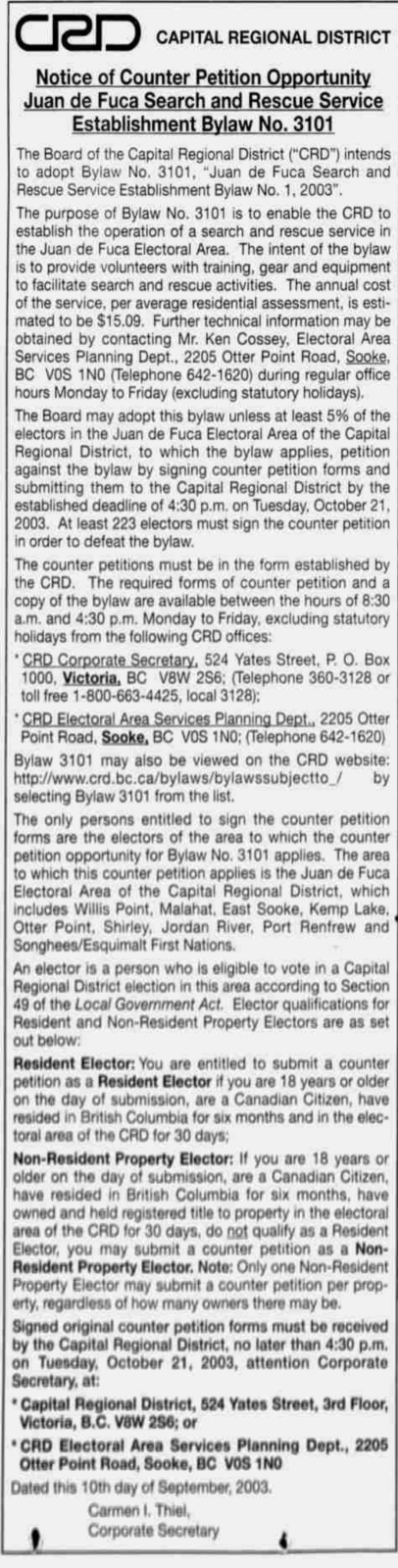 Scan of Times Colonist, page 26, 14 September 2003 — the article “Notice of Counter Petition Opportunity — Juan de Fuca Search and Rescue Service Establishment Bylaw No. 3101”