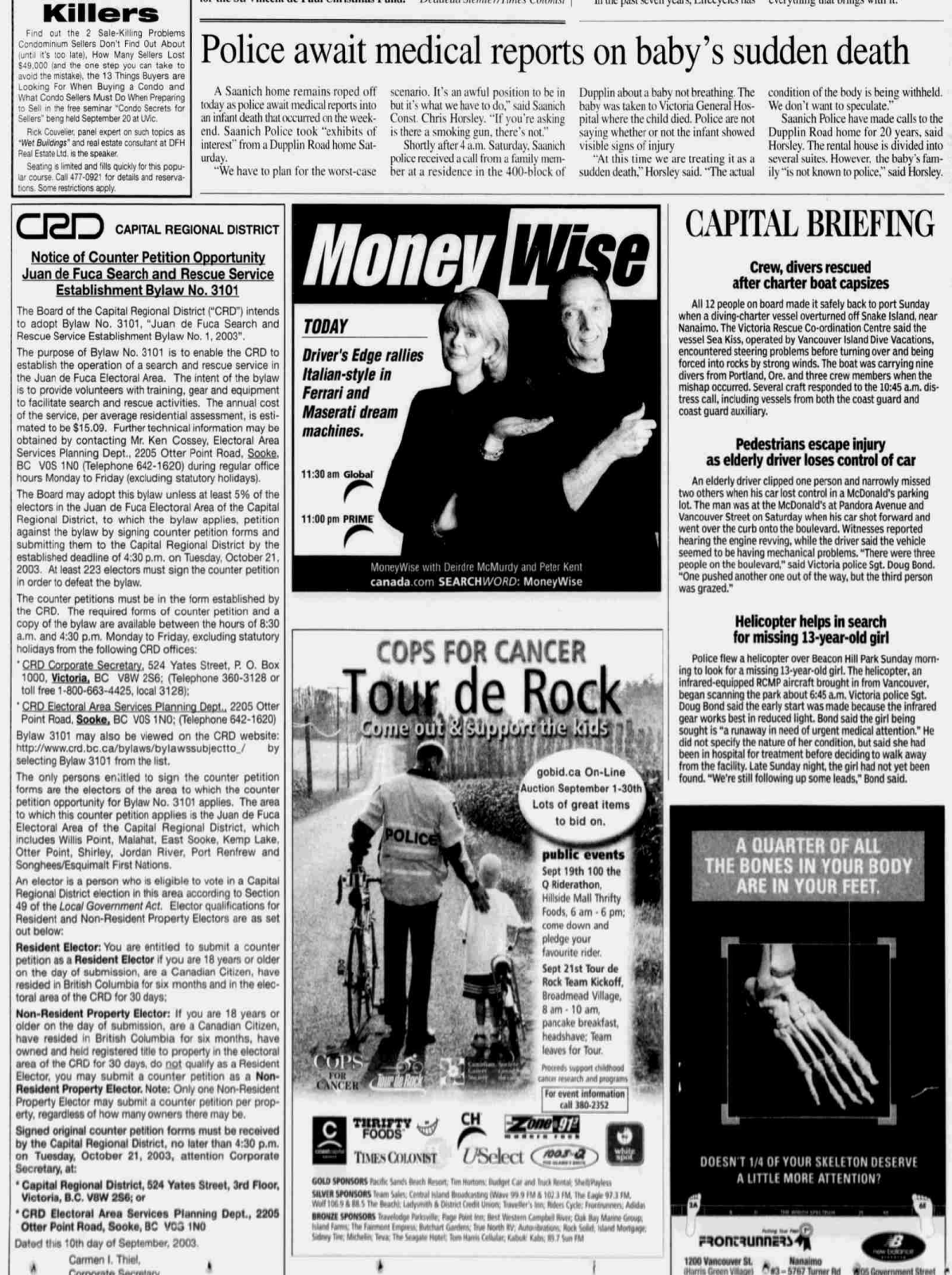 Scan of Times Colonist, page 26, 15 September 2003 — the article “Notice of Intention to Adopt Bylaw No. 3101”