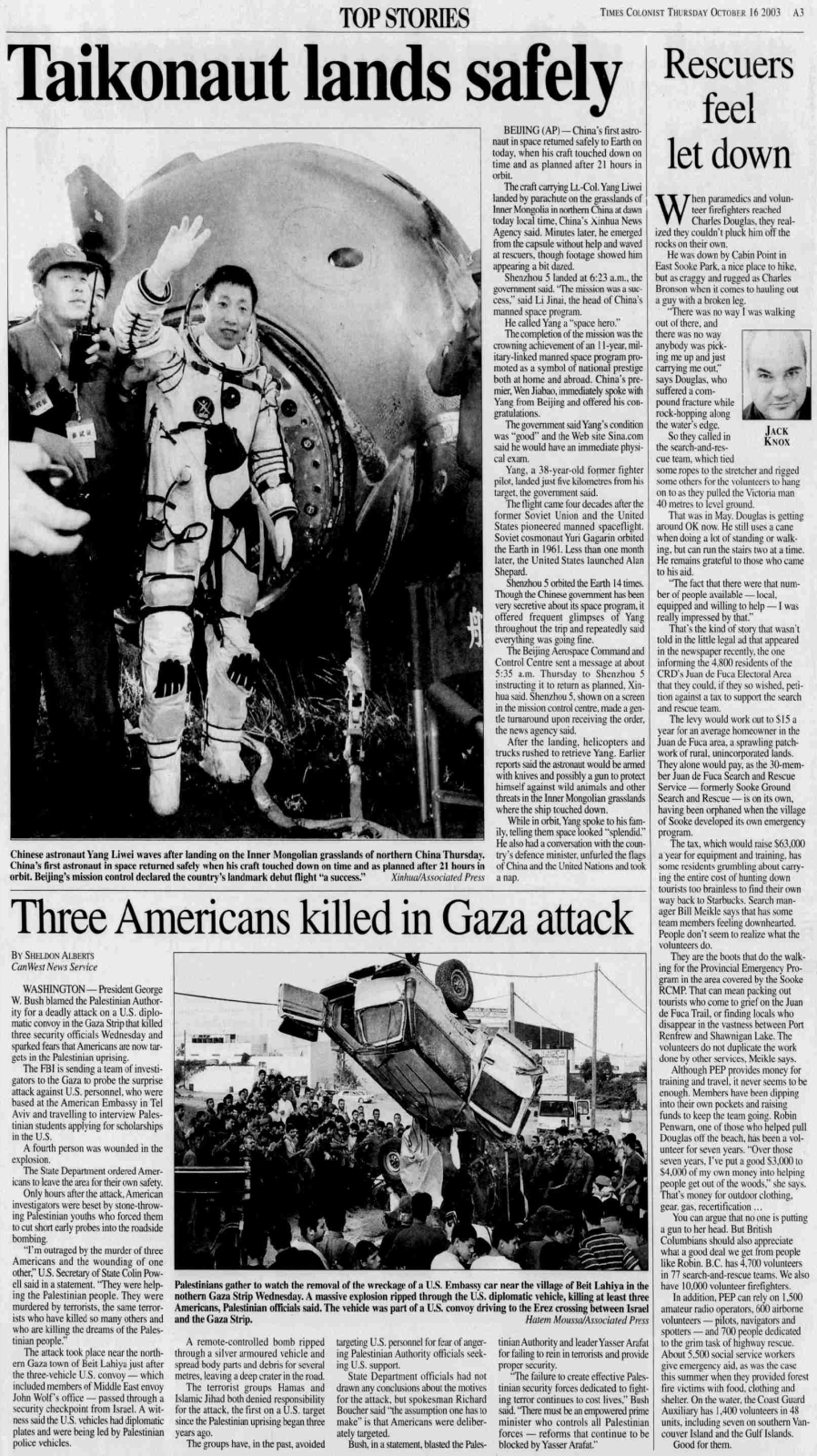 Scan of Times Colonist, page 3, 16 October 2003 — the article “Rescuers feel let down”