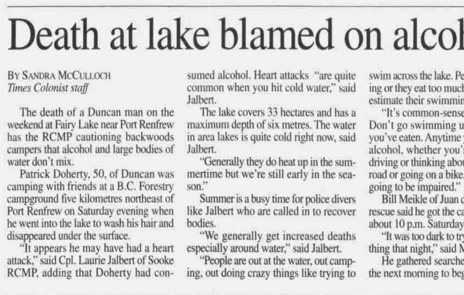 Scan of Times Colonist, page 14, 5 July 2006 — the article “Death at lake blamed on alcohol, cold water”