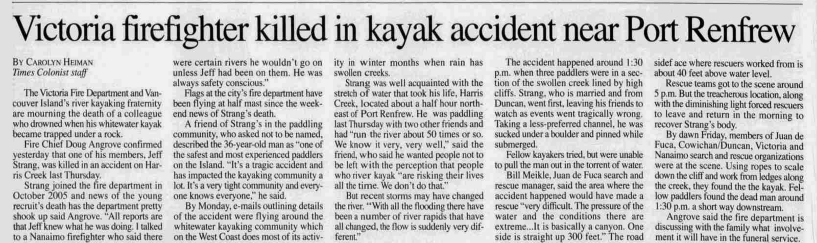 Scan of Times Colonist, page 13, 30 January 2007 — the article “Victoria firefighter killed in kayak accident near Port Renfrew”