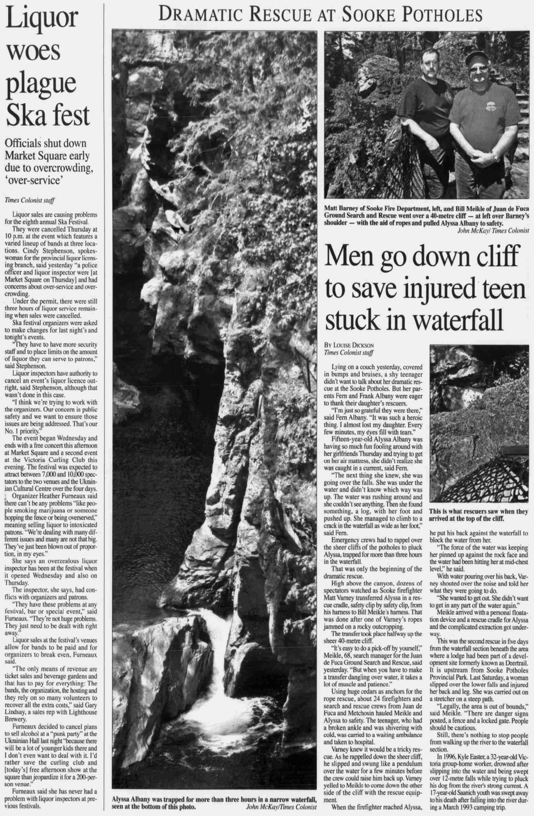 Scan of Times Colonist, page 17, 14 July 2007 — the article “Men go down cliff to save injured teen stuck in waterfall”