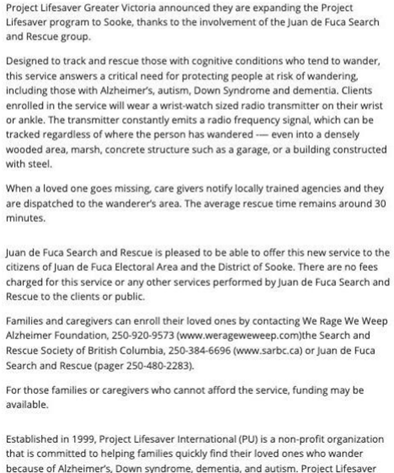 Scan of Sooke News Mirror, 20 July 2011 — the article “JDF Search & Rescue joins Project Lifesaver”