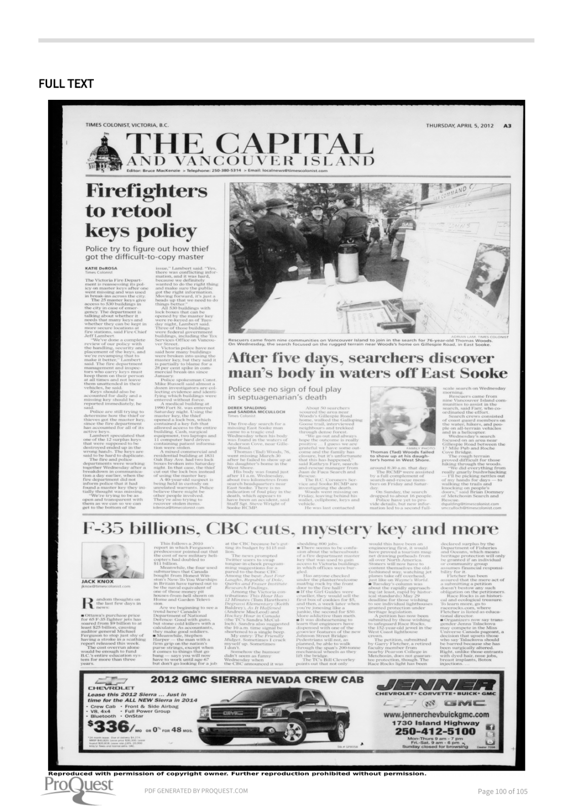 Scan of Times Colonist, page A3, 5 April 2012 — the full page, shown because the article region could not be verified