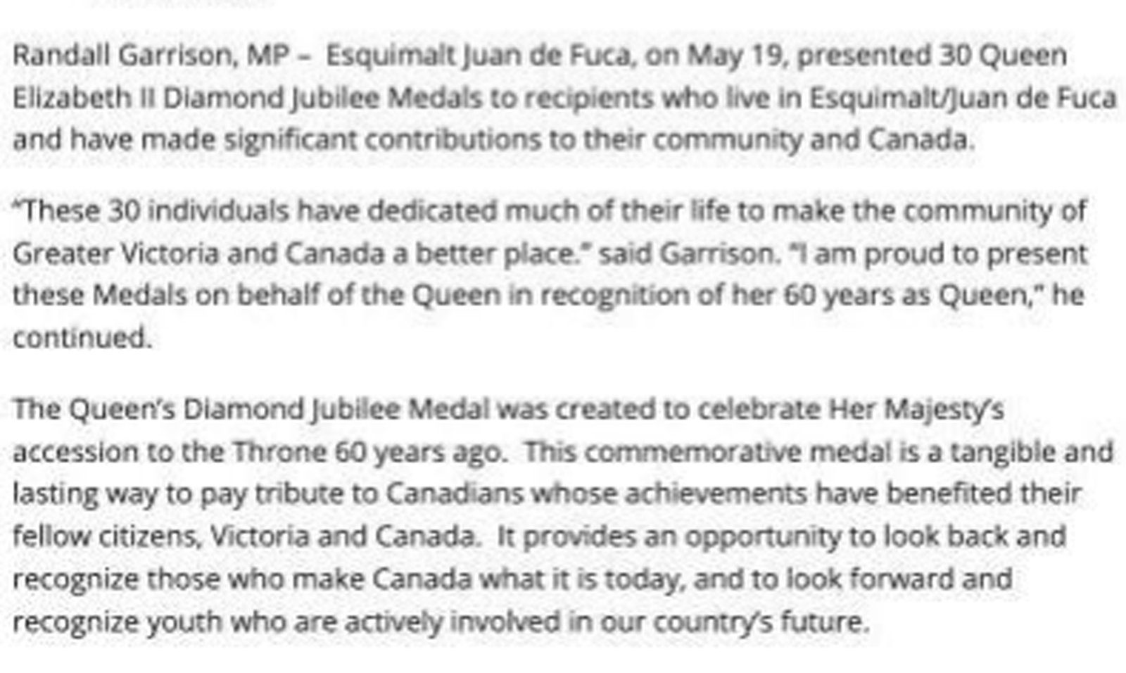 Scan of Sooke News Mirror, 30 May 2012 — the article “MP awards Diamond Jubilee medals to local citizens”