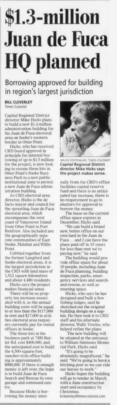 Scan of Times Colonist, page A3, 19 January 2013 — the article “$1.3-million Juan de Fuca HQ planned”