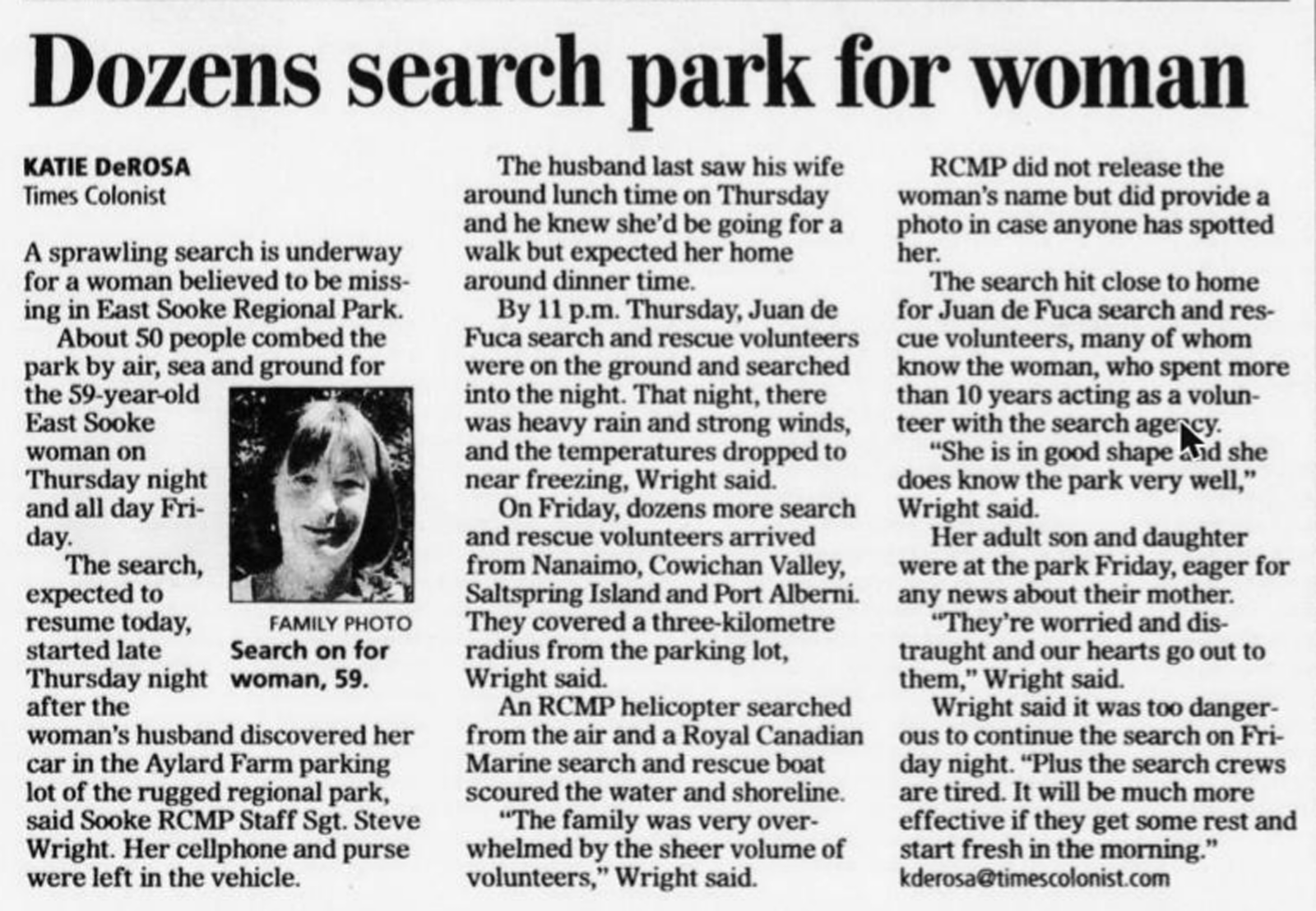Scan of Times Colonist, page A1, 4 January 2014 — the article “Search on for woman, 59”