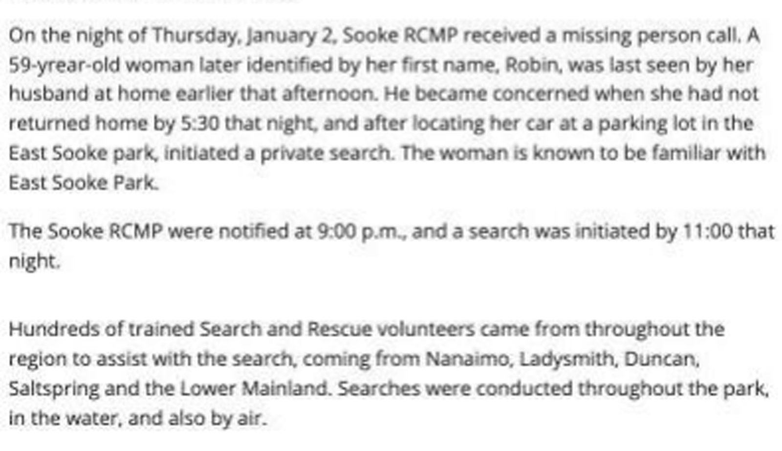 Scan of Sooke News Mirror, 8 January 2014 — the article “East Sooke hiker focus of seach”