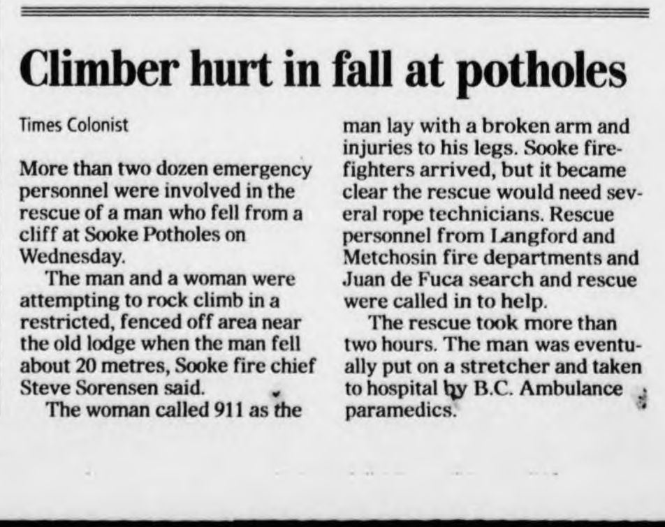 Scan of Times Colonist, page A4, 22 May 2014 — the article “Climber hurt in fall at potholes”