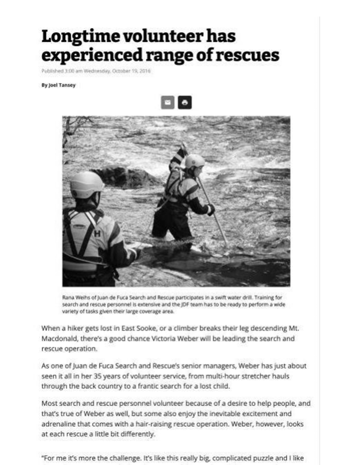 Scan of Sooke News Mirror, 19 October 2016 — the article “Longtime volunteer has experienced range of rescues”