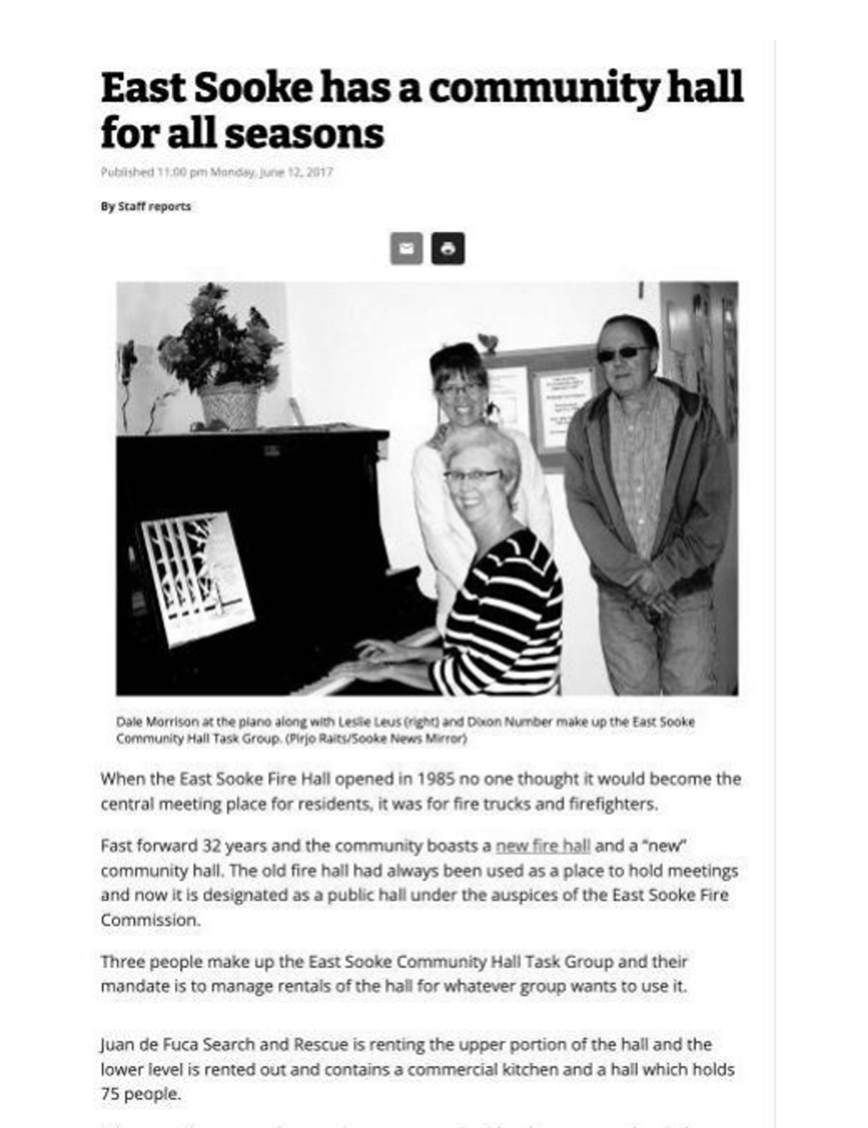Scan of Sooke News Mirror, 12 June 2017 — the article “East Sooke has a community hall for all seasons”