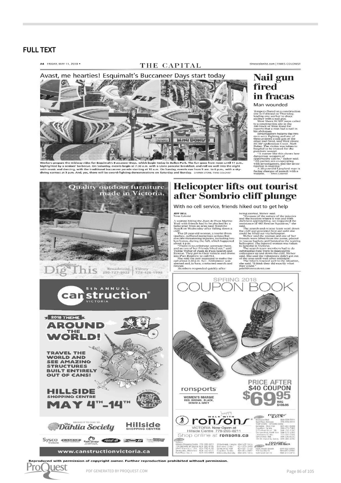 Scan of Times Colonist, page A4, 11 May 2018 — the full page, shown because the article region could not be verified