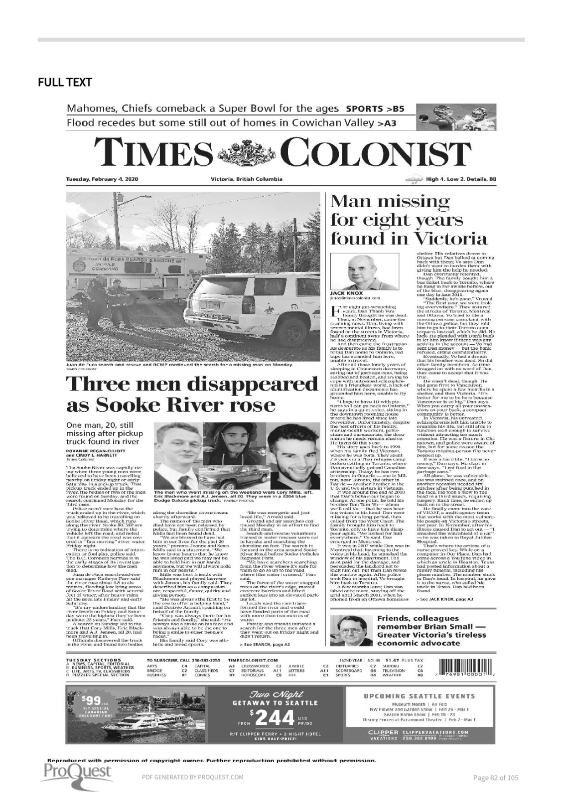 Scan of Times Colonist, page A1, 4 February 2020 — the full page, shown because the article region could not be verified