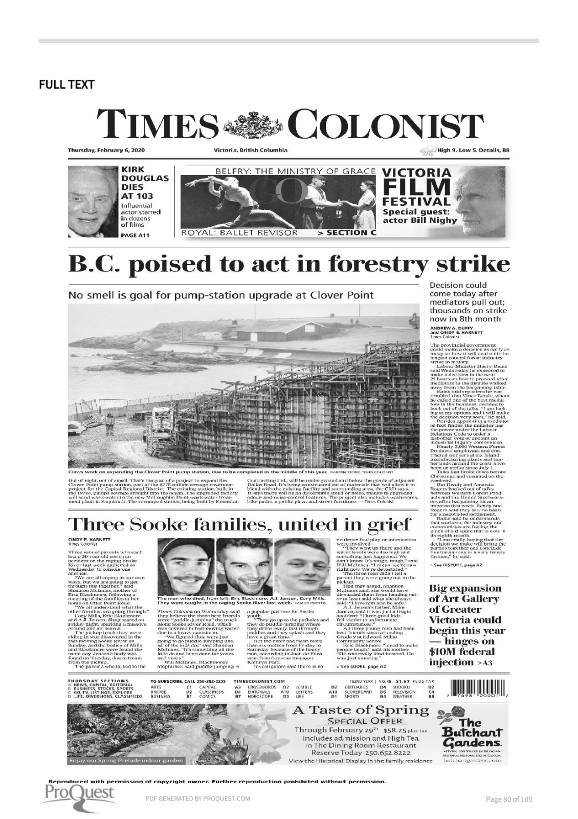 Scan of Times Colonist, page A1, 6 February 2020 — the full page, shown because the article region could not be verified