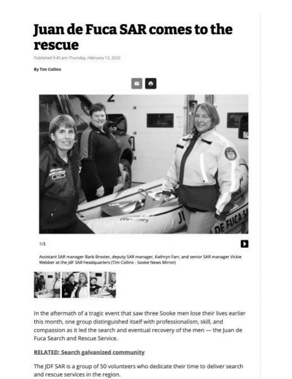 Scan of Sooke News Mirror, 13 February 2020 — the article “Juan de Fuca SAR comes to the rescue”