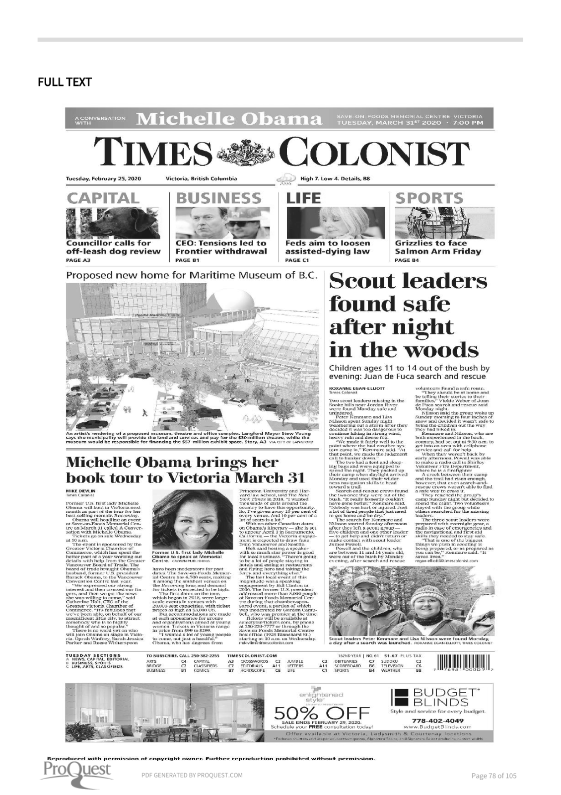 Scan of Times Colonist, page A1, 25 February 2020 — the full page, shown because the article region could not be verified
