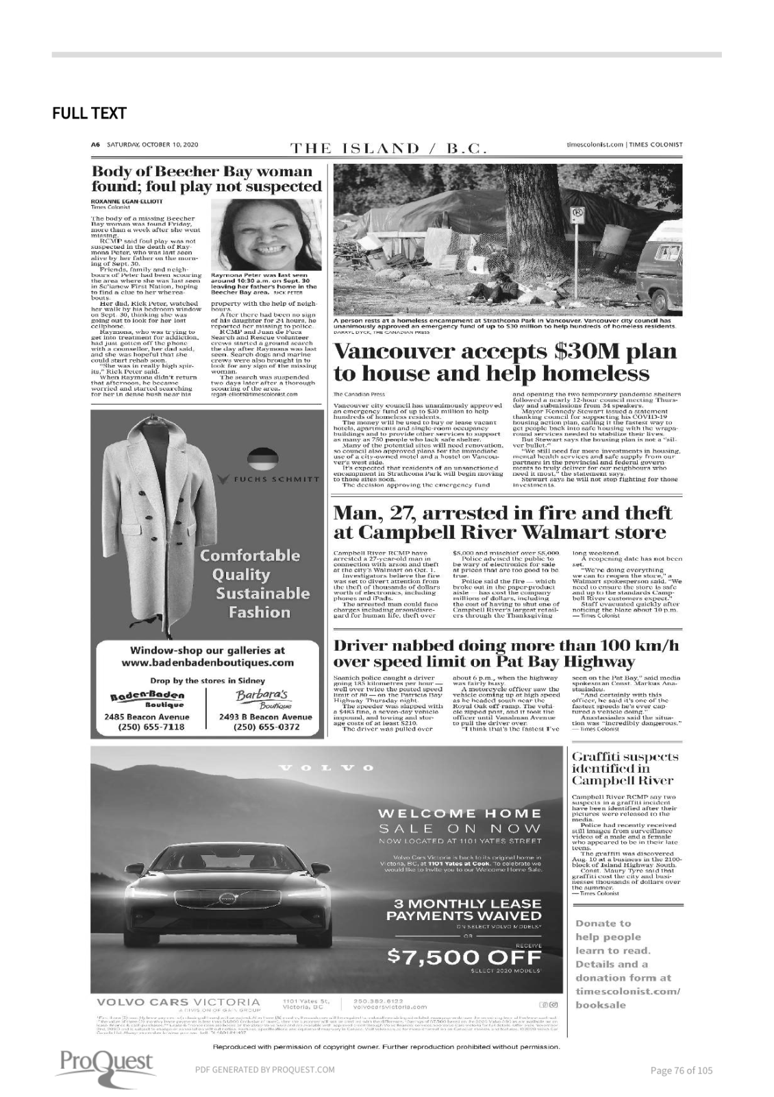 Scan of Times Colonist, page A6, 10 October 2020 — the full page, shown because the article region could not be verified