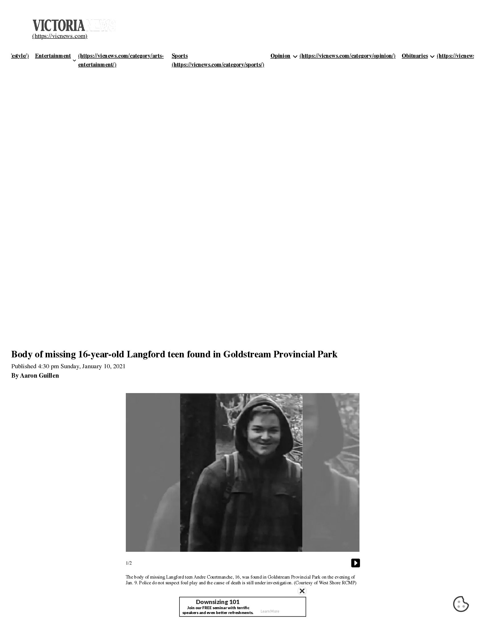 Scan of Victoria News, 10 January 2021 — the article “Body of missing 16-year-old Langford teen found in Goldstream Provincial Park”
