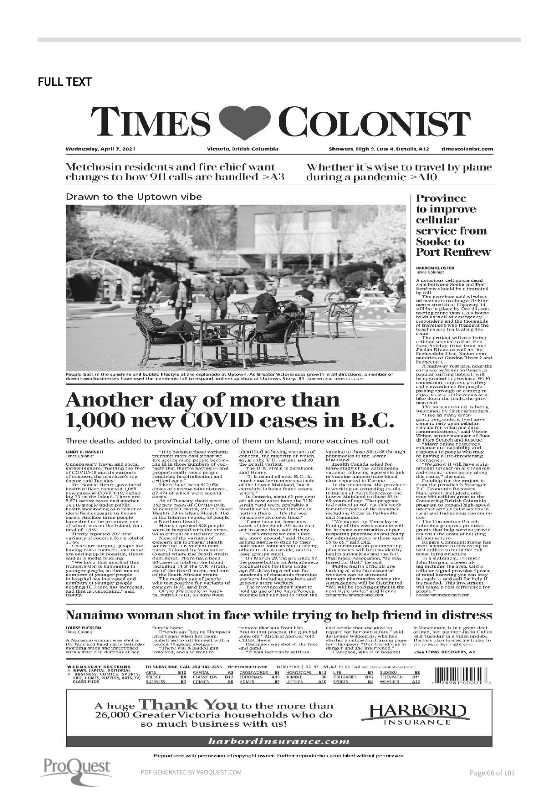 Scan of Times Colonist, page A1, 7 April 2021 — the full page, shown because the article region could not be verified