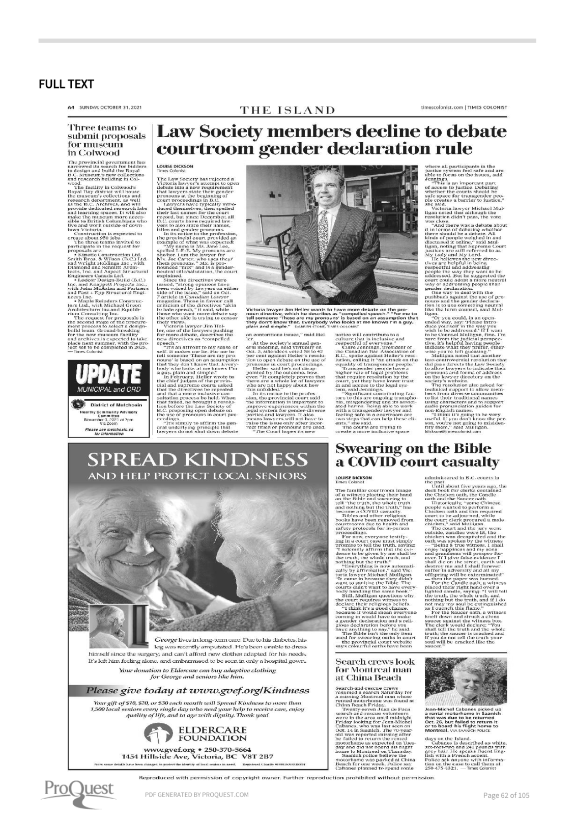 Scan of Times Colonist, page A4, 31 October 2021 — the full page, shown because the article region could not be verified
