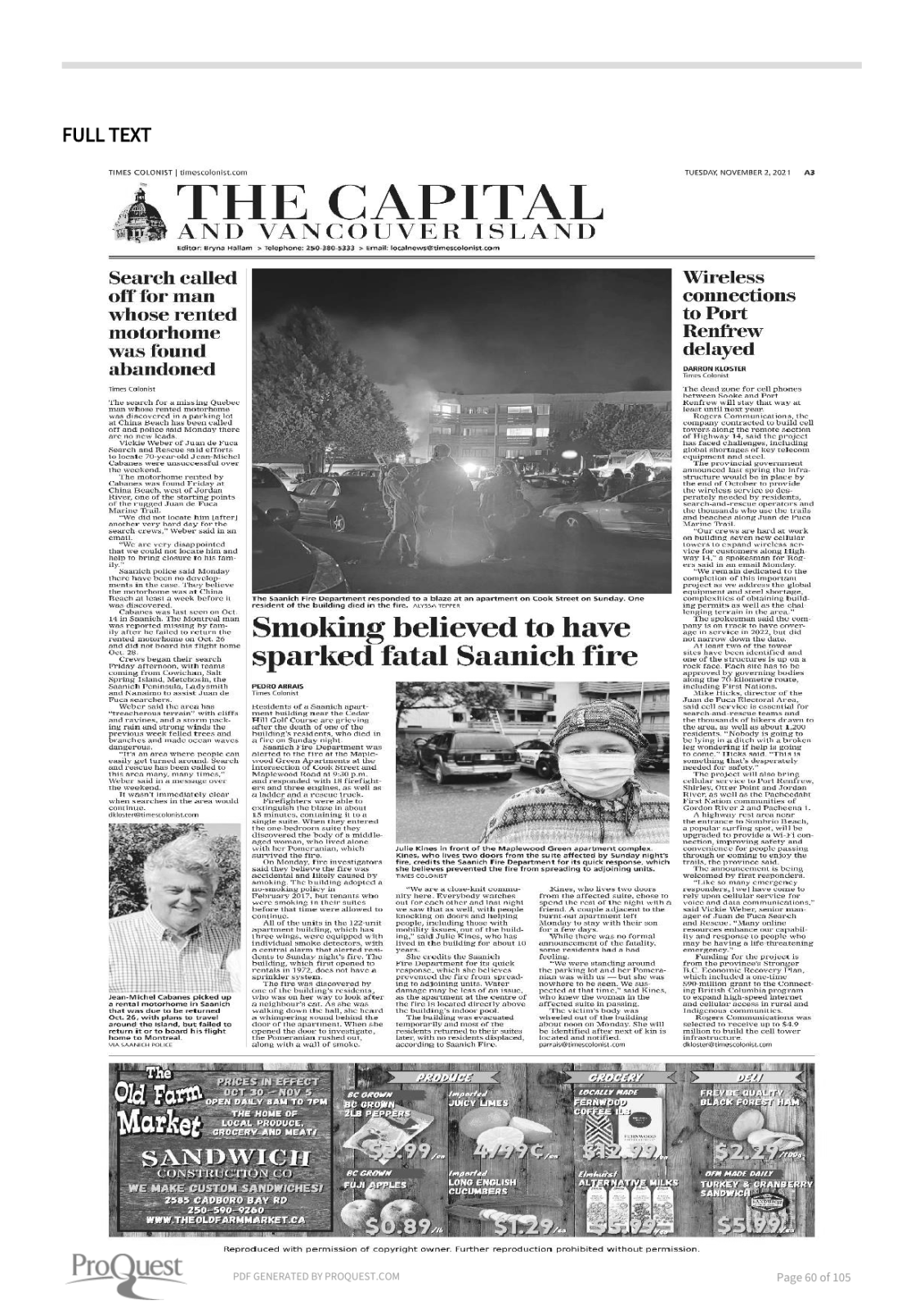 Scan of Times Colonist, page A3, 2 November 2021 — the full page, shown because the article region could not be verified