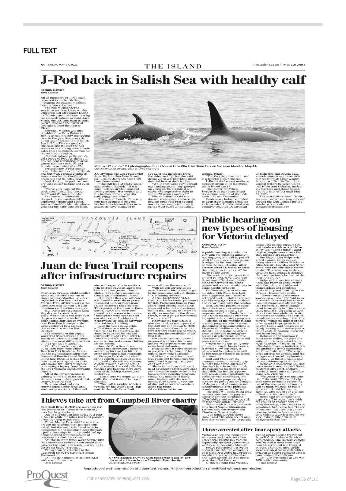 Scan of Times Colonist, page A4, 27 May 2022 — the full page, shown because the article region could not be verified