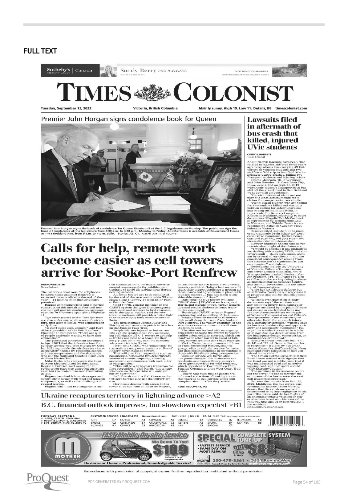 Scan of Times Colonist, page A1, 13 September 2022 — the full page, shown because the article region could not be verified