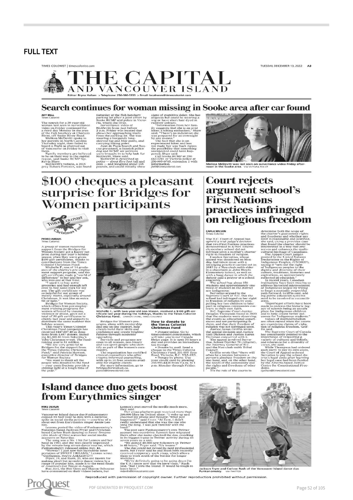 Scan of Times Colonist, page A3, 13 December 2022 — the full page, shown because the article region could not be verified