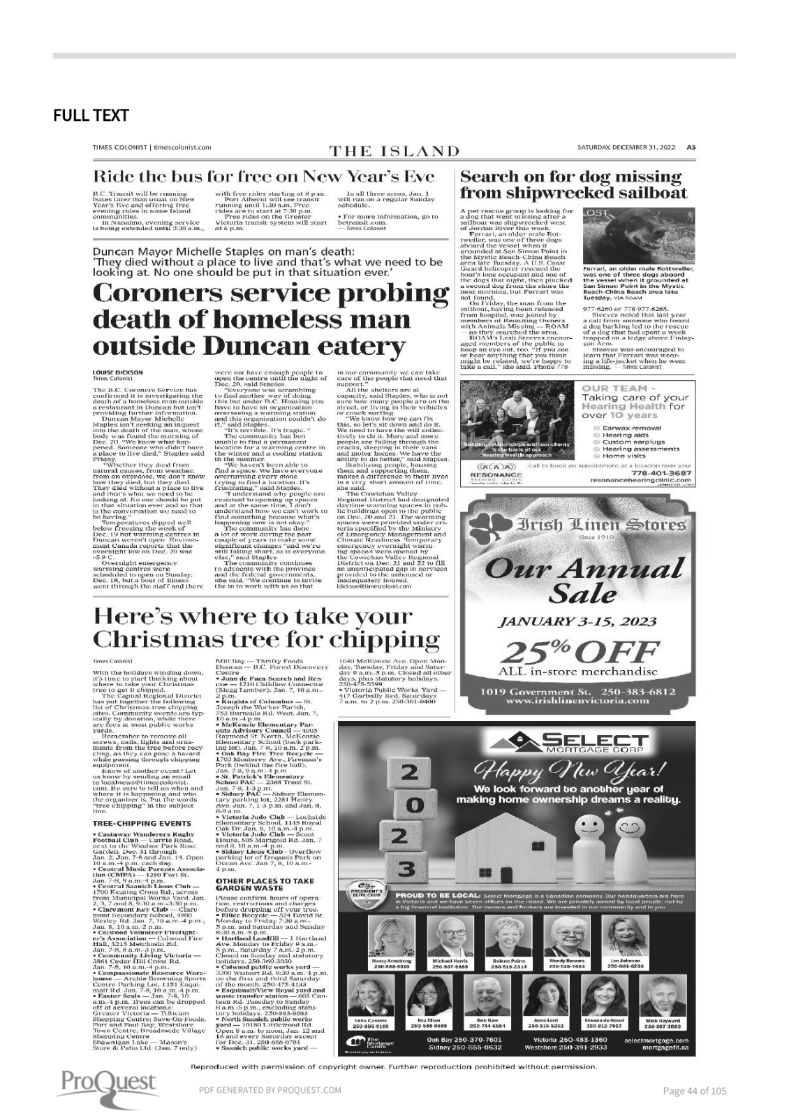 Scan of Times Colonist, page A5, 31 December 2022 — the full page, shown because the article region could not be verified