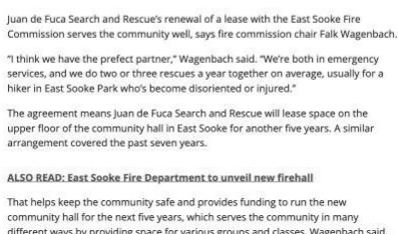 Scan of Sooke News Mirror, 18 February 2023 — the article “East Sooke Fire Commission renews lease with JDF Search and Rescue”