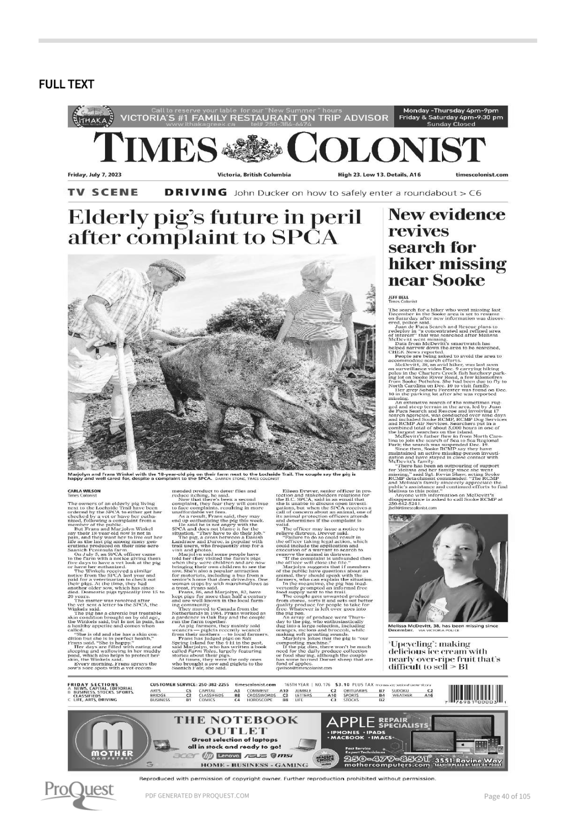 Scan of Times Colonist, page A1, 7 July 2023 — the full page, shown because the article region could not be verified