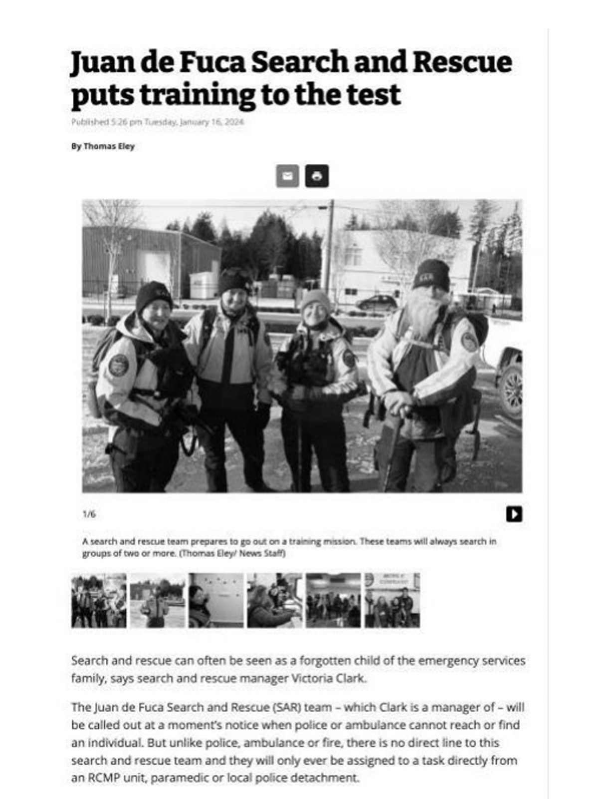 Scan of Sooke News Mirror, 16 January 2024 — the article “Juan de Fuca Search and Rescue puts training to the test”