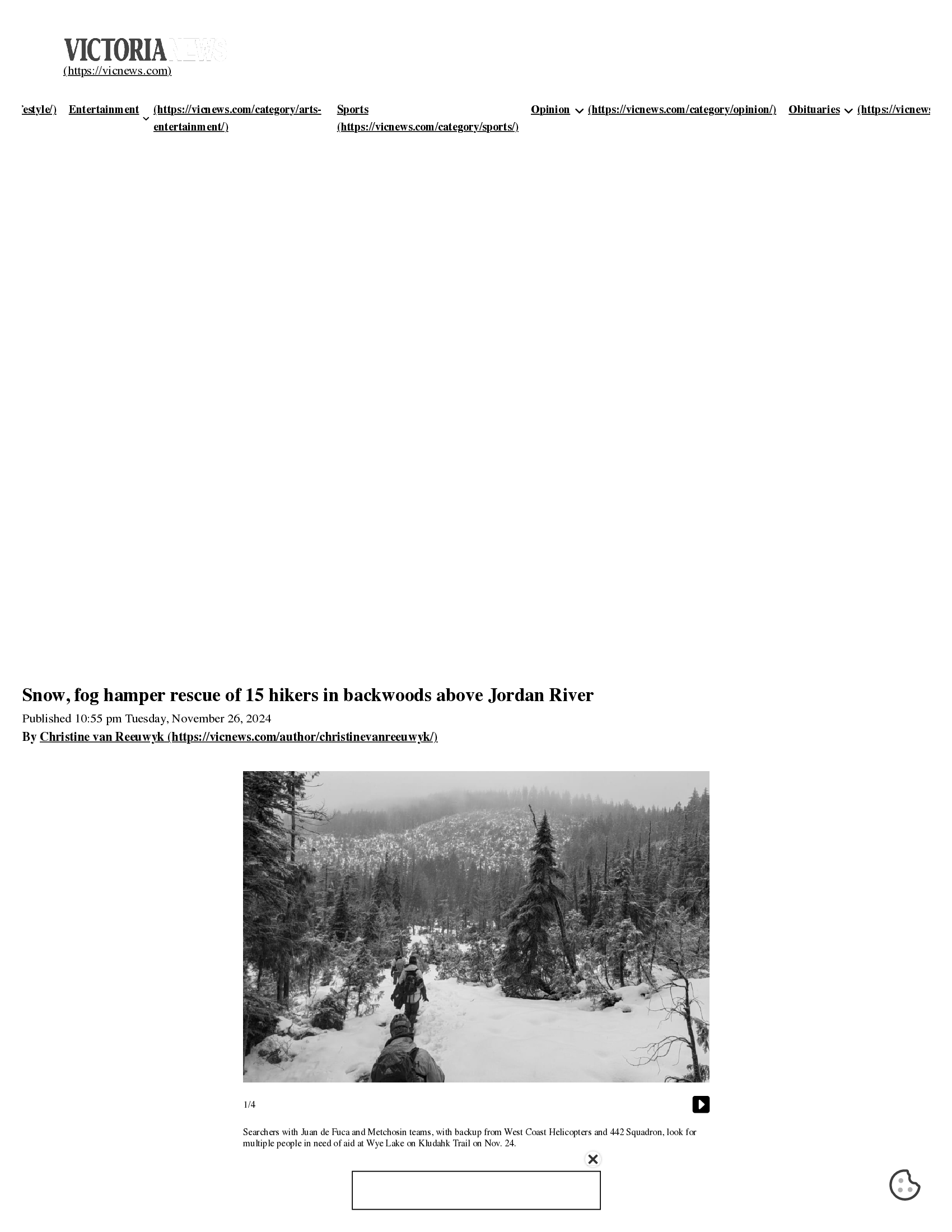 Scan of Victoria News, 26 November 2024 — the article “Snow, fog hamper rescue of 15 hikers in backwoods above Jordan River”