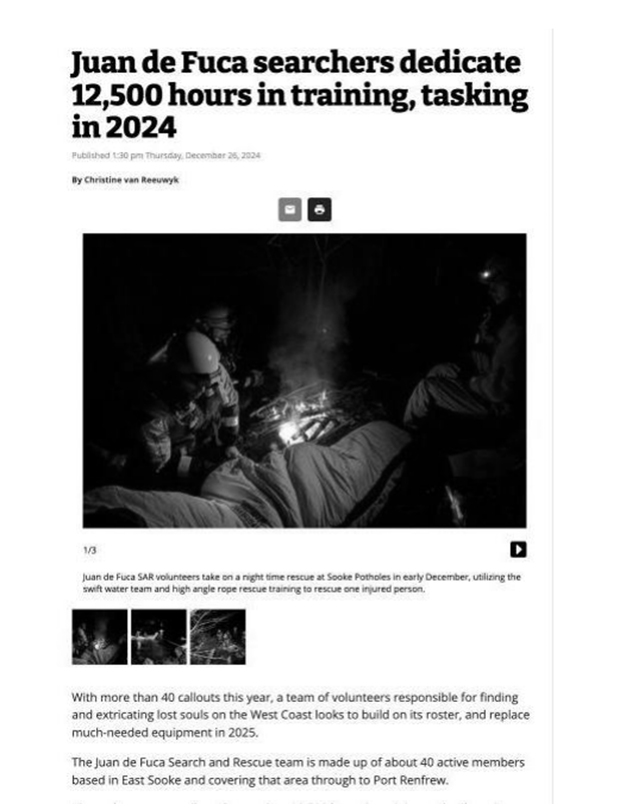 Scan of Sooke News Mirror, 26 December 2024 — the article “Juan de Fuca searchers dedicate 12,500 hours in training, tasking in 2024”
