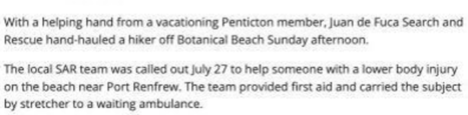Scan of Sooke News Mirror, 28 July 2025 — the article “Vacationing Penticton SAR member helps out with Botanical Beach call”