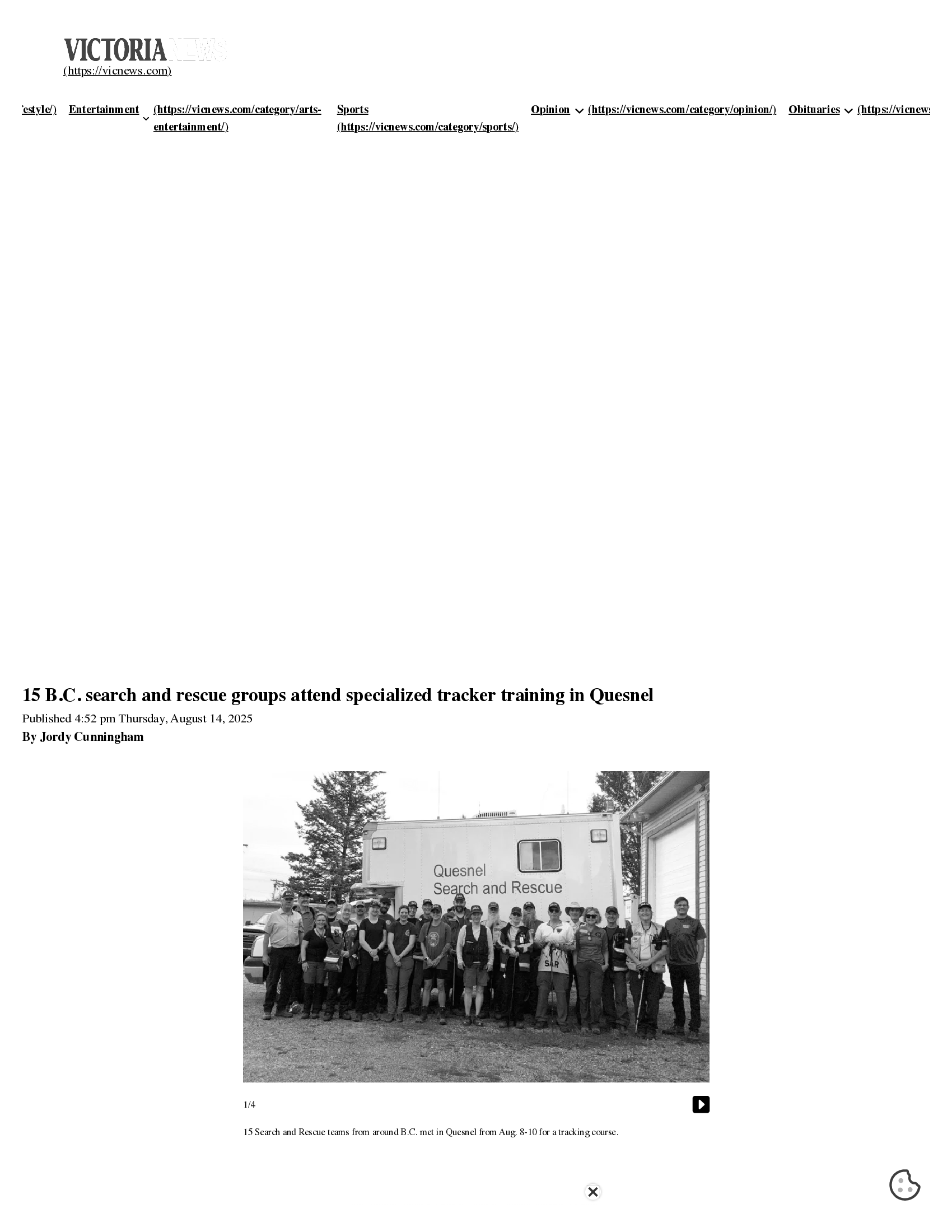 Scan of Victoria News, 14 August 2025 — the article “15 B.C. search and rescue groups attend specialized tracker training in Quesnel”