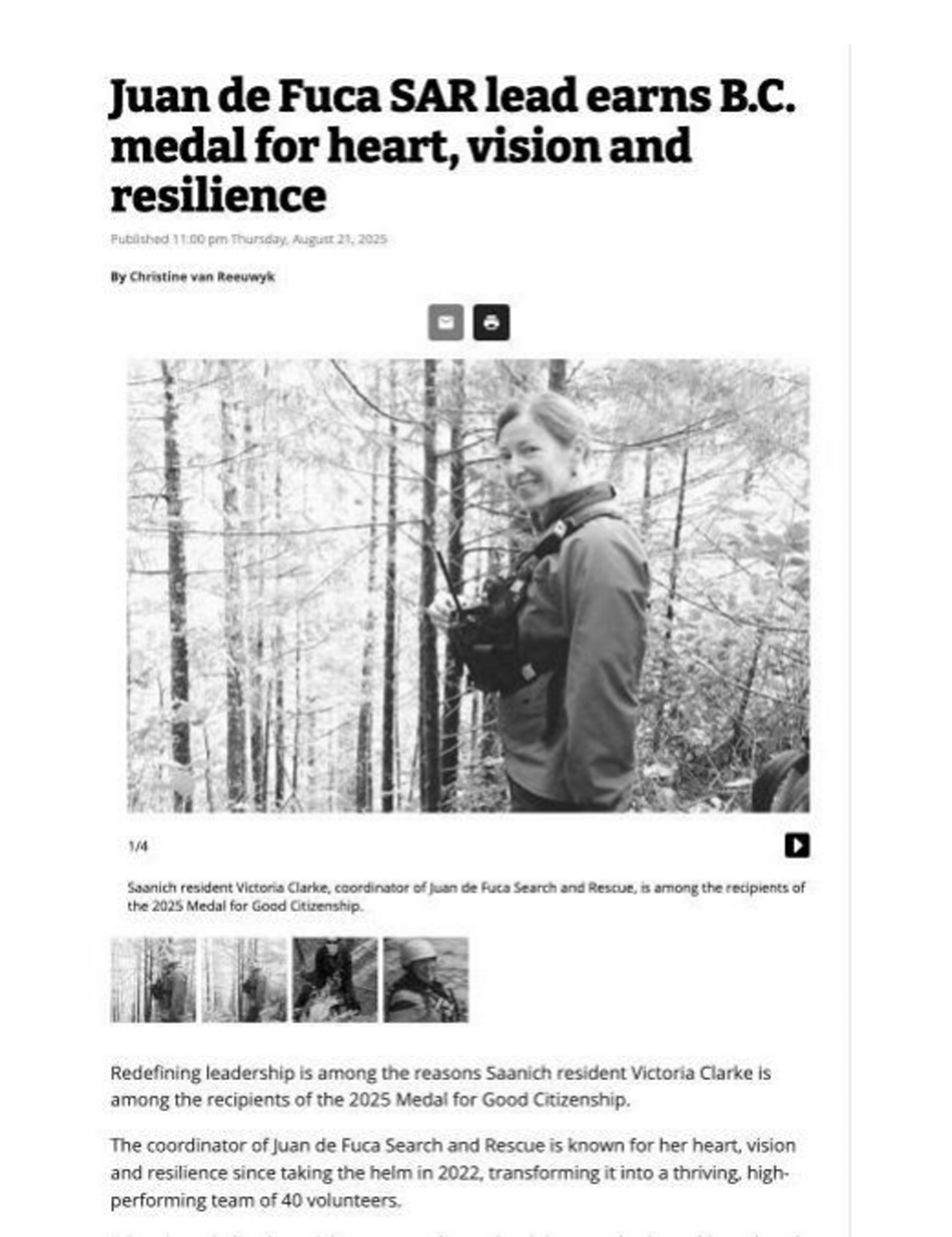 Scan of Sooke News Mirror, 21 August 2025 — the article “Juan de Fuca SAR lead earns B.C. medal for heart, vision and resilience”