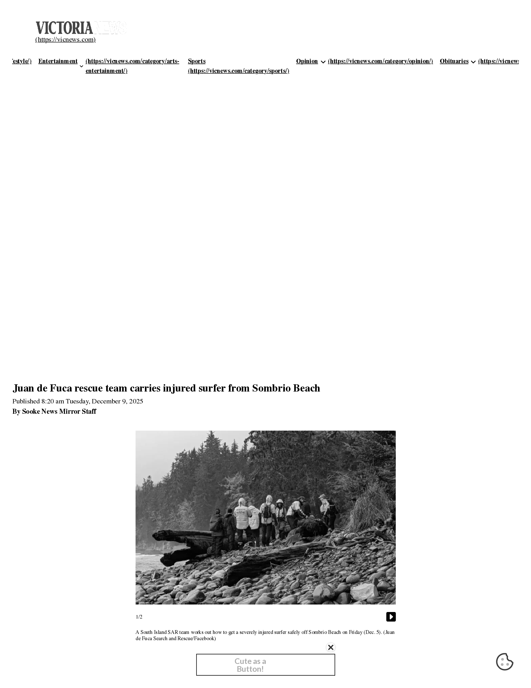 Scan of Victoria News, 9 December 2025 — the article “Juan de Fuca rescue team carries injured surfer from Sombrio Beach”