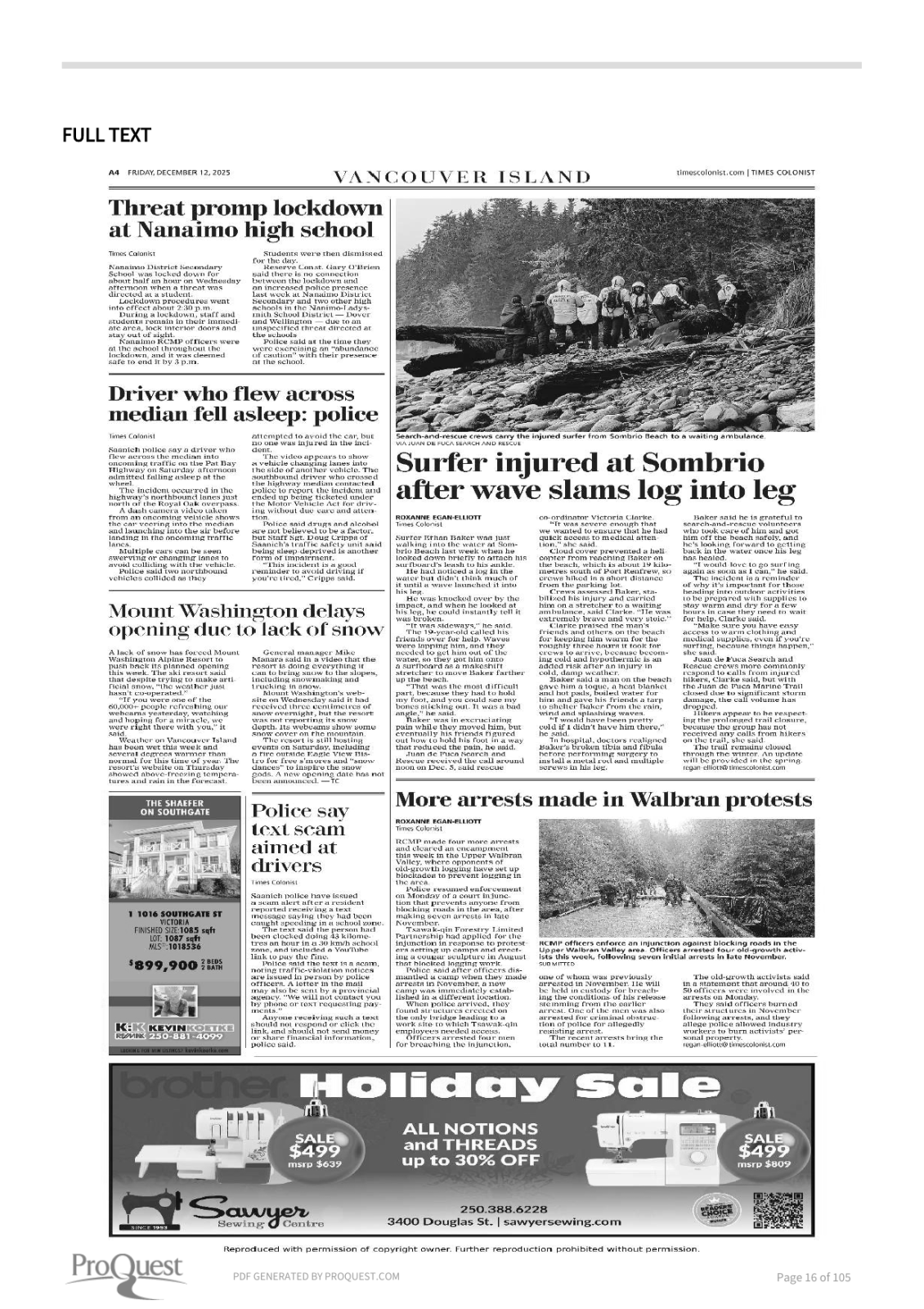 Scan of Times Colonist, page A4, 12 December 2025 — the full page, shown because the article region could not be verified