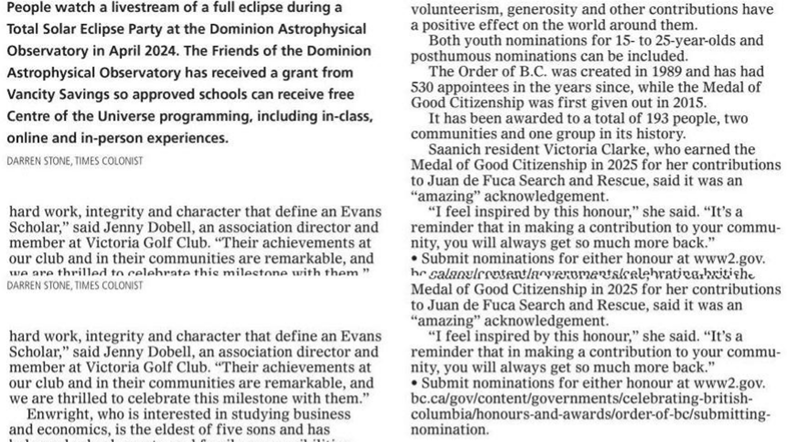 Scan of Times Colonist, page D6, 25 January 2026 — the article “Order of B.C., citizenship medal nominations open”