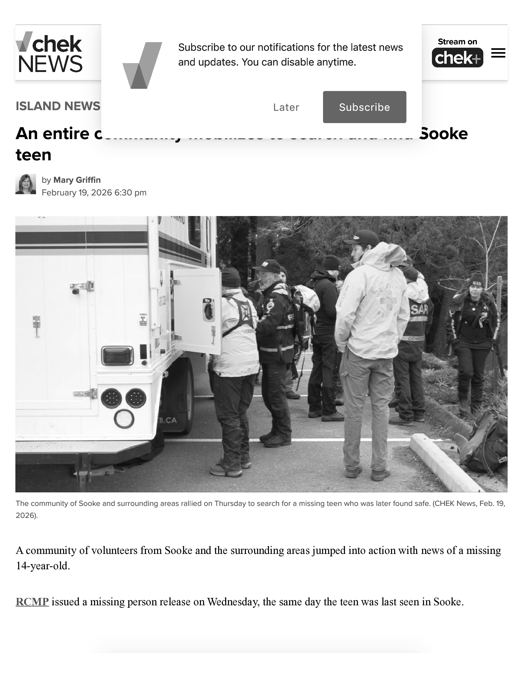 Scan of CHEK News, 20 February 2026 — the article “An entire community mobilizes to search and find Sooke teen”