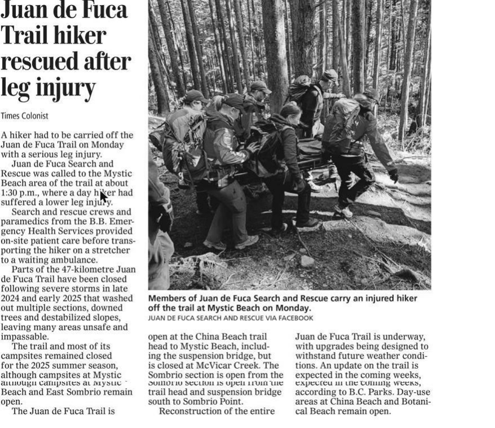 Scan of Times Colonist, page A4, 8 April 2026 — the article “Juan de Fuca Trail hiker rescued after leg injury”